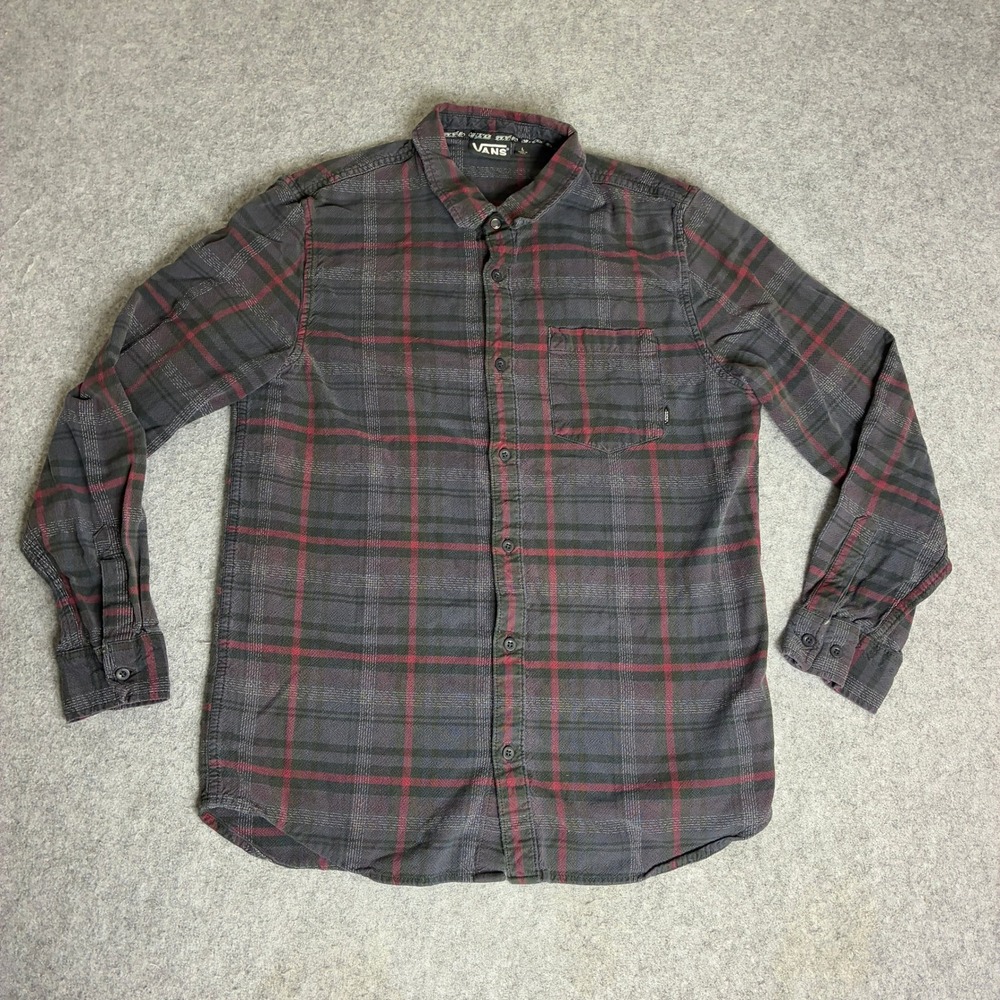Vans Mens Plaid Button Down Shirt Long Sleeve Charcoal Grey Red Large L Skate